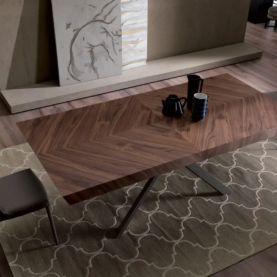 Superior Ozzio Italia 4x4 table with painted metal base and dark brown chevron patterned wood tabletop with matte finish