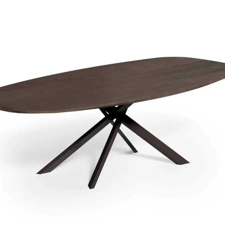 Elegant Ozzio Italia 4x4 table with a painted metal base and rich dark brown herringbone finish