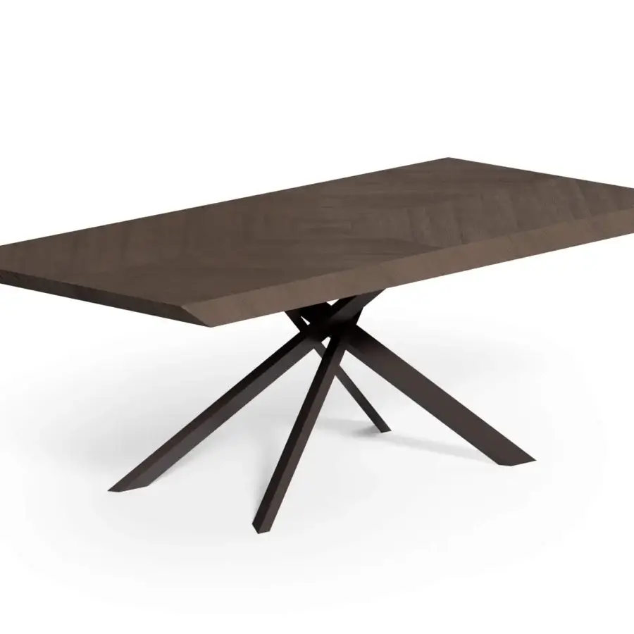 Distinguished Ozzio Italia 4x4 table with a dark brown parquet top and painted metal base crafted in a crisscross arrangement with a matte finish