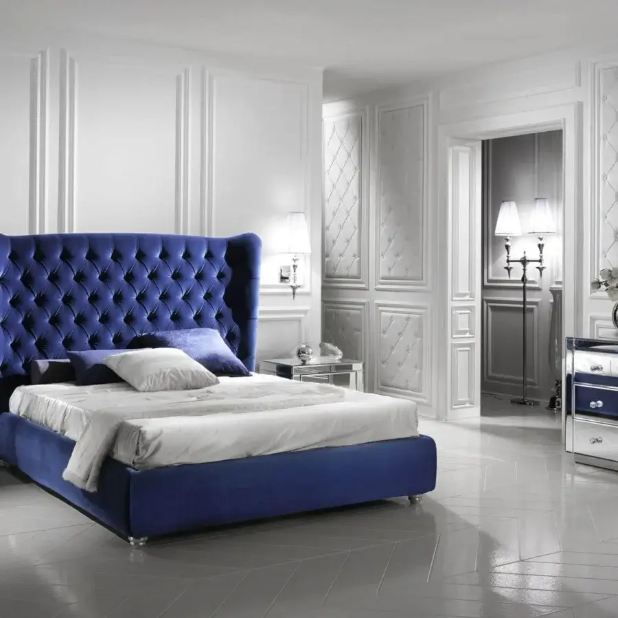 Exceptional DV Home Collection Vogue bed with plush blue velvet textile and diamond tufting