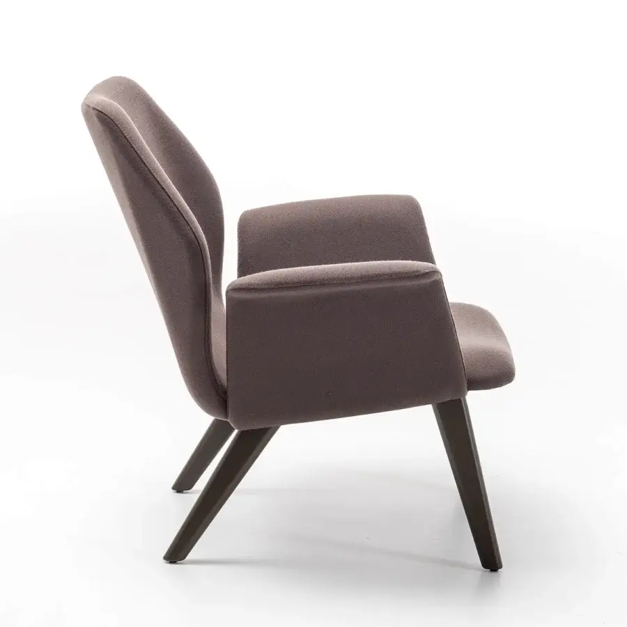 Exceptional Bross Ava lounge chair with brown textile upholstery and outward-angled wood legs crafted in Italy
