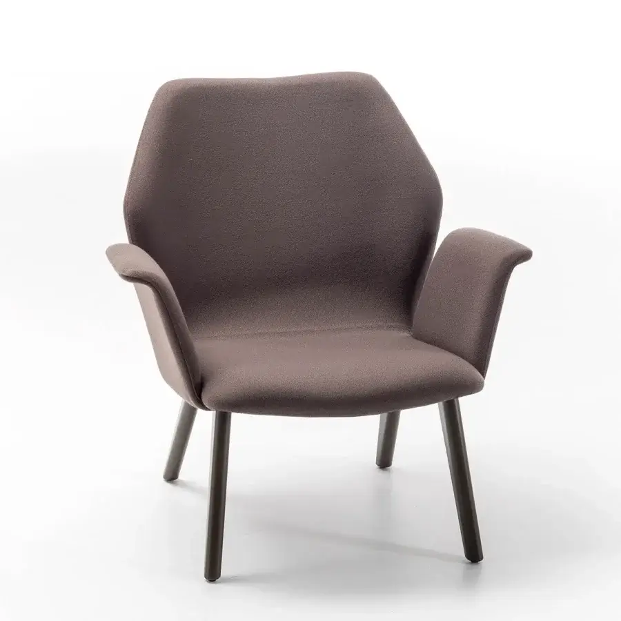Elegant Bross Ava lounge chair with muted brown upholstery and slender matte wood finished metal legs