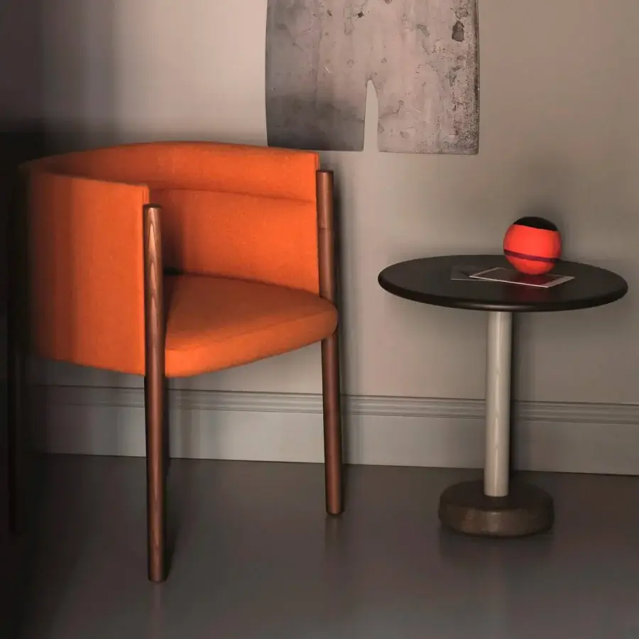 Exceptional Bross Baia armchair with orange quilted textile and smooth brown wooden legs