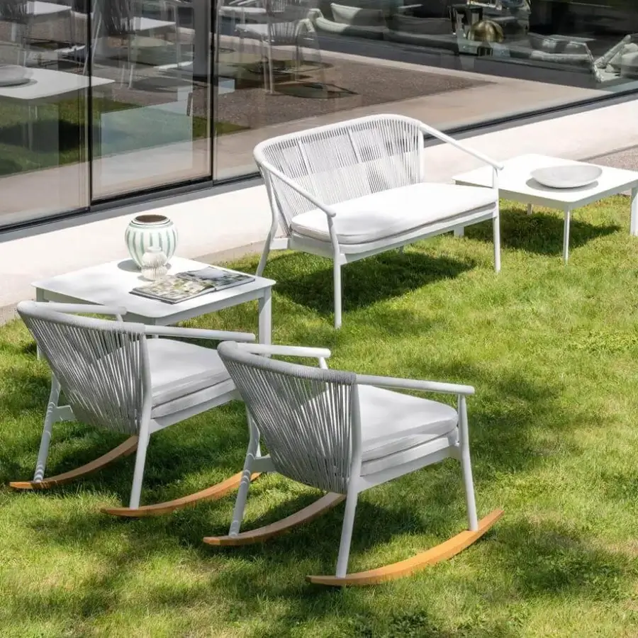 Exclusive Varaschin Smart Sofa with curved woven white VAR#TEX and comfortable white cushion in matte white aluminum