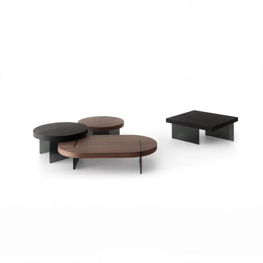 Distinguished Cierre1972 Byron coffee table with fluid shapes in warm wood tones and a dark central support