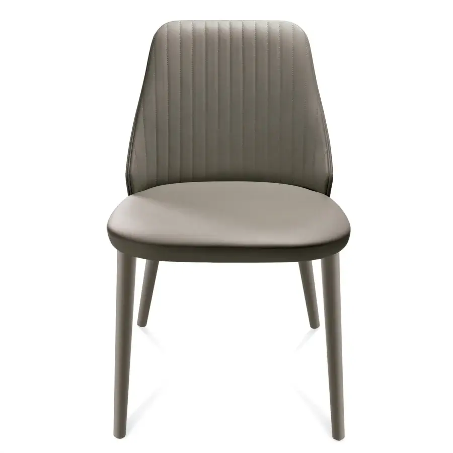 Exceptional Bross Break chair with quilted front, muted gray-brown fabric upholstery and high-end wood legs crafted in Italy