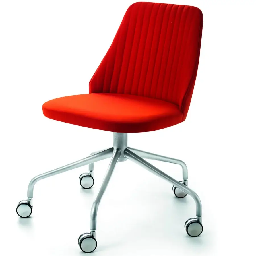 Exclusive Bross Break swivel chair fully upholstered in red fabric with quilted front and matte silver-toned metal base