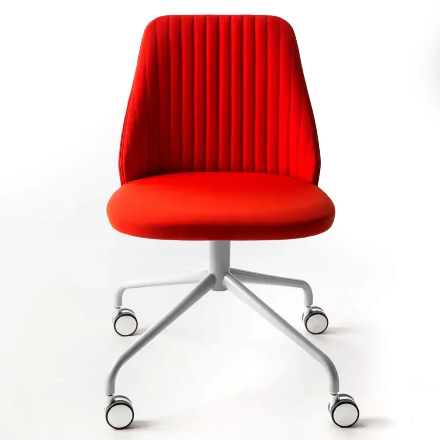 Elegant Bross Break swivel chair with red textile upholstery and matte finish built upon a white metal base