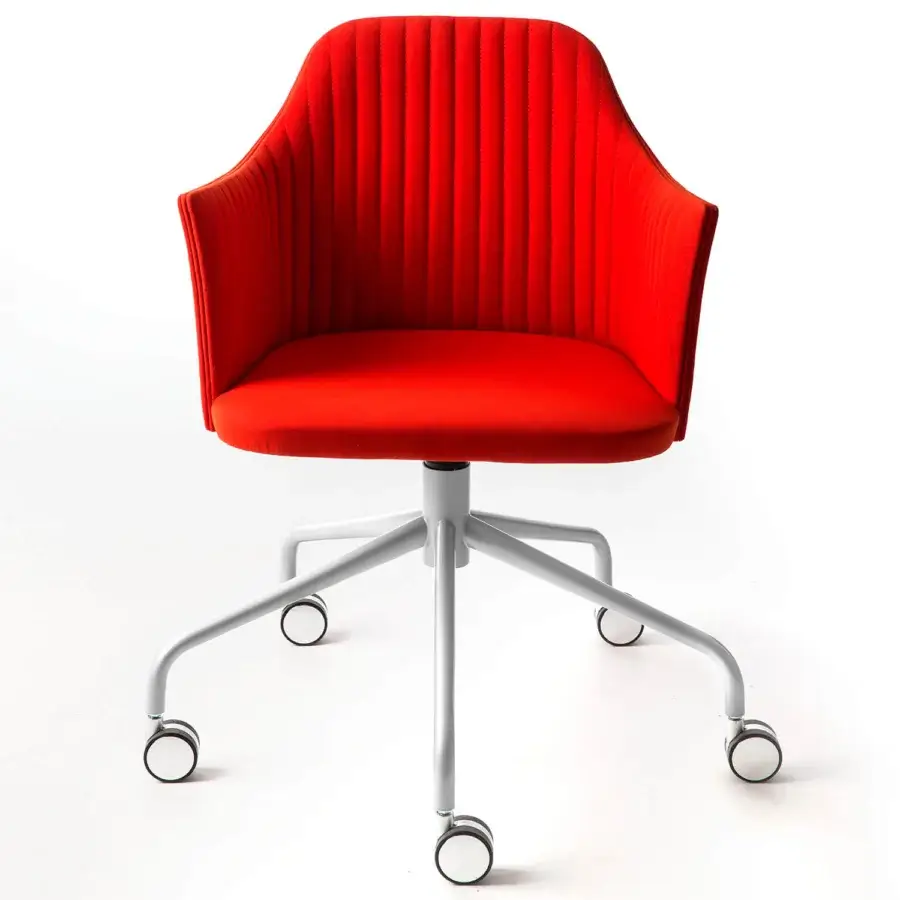 Superior Bross Break swivel armchair with vibrant red quilted fabric upholstery and light gray matte metal base