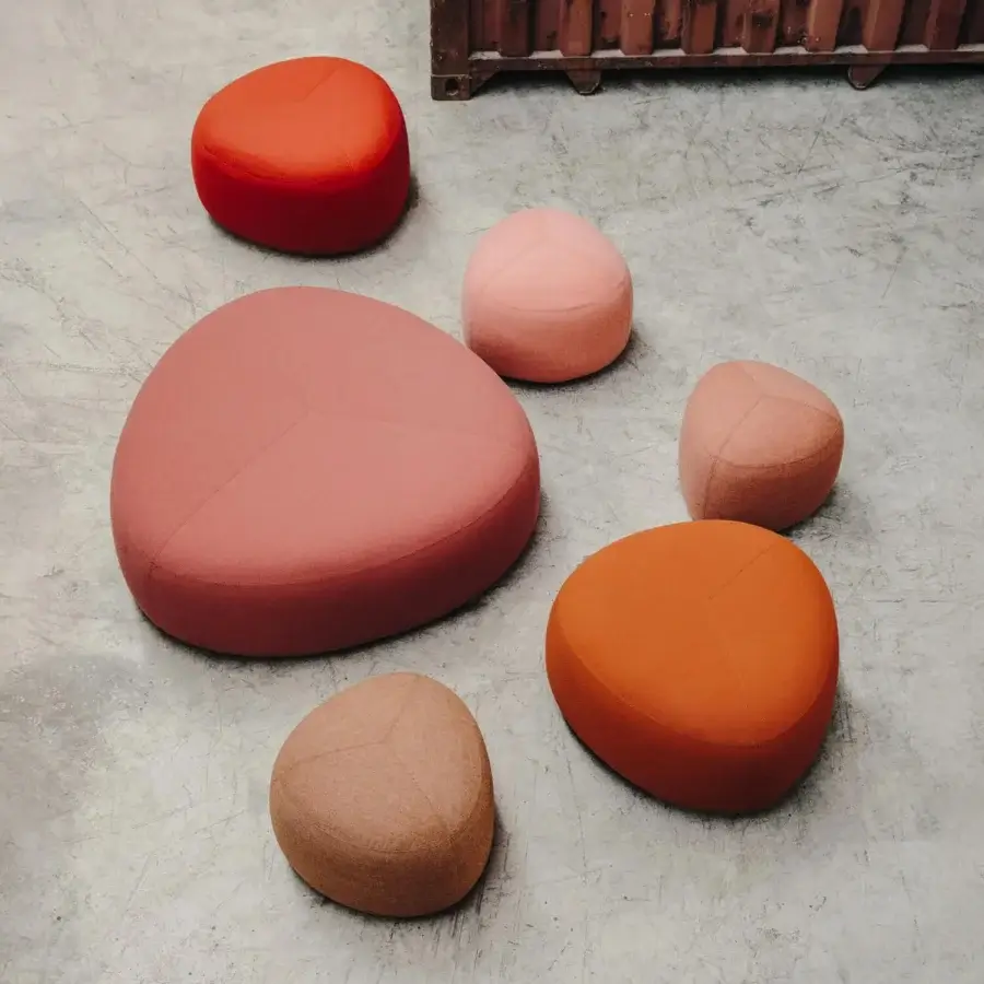 Exceptional Lapalma Kipu ottoman with rounded triangular form in lively orange tactile textile and matte finish