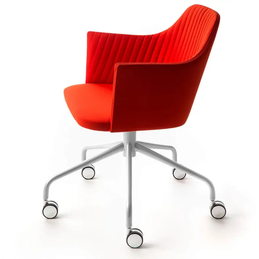 Distinguished Bross Break armchair upholstered in vibrant red premium fabric with distinctive vertical quilting and sleek white metal base