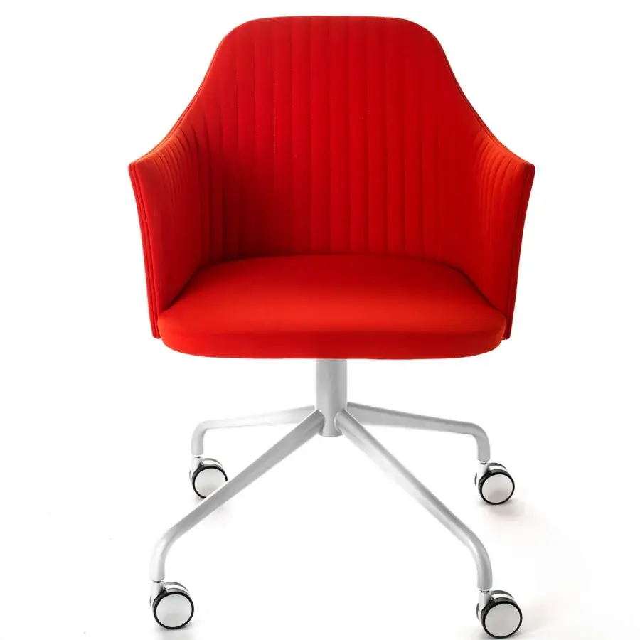 Superior Bross Break armchair fully upholstered in red fabric with quilted metal and matte white wheeled base