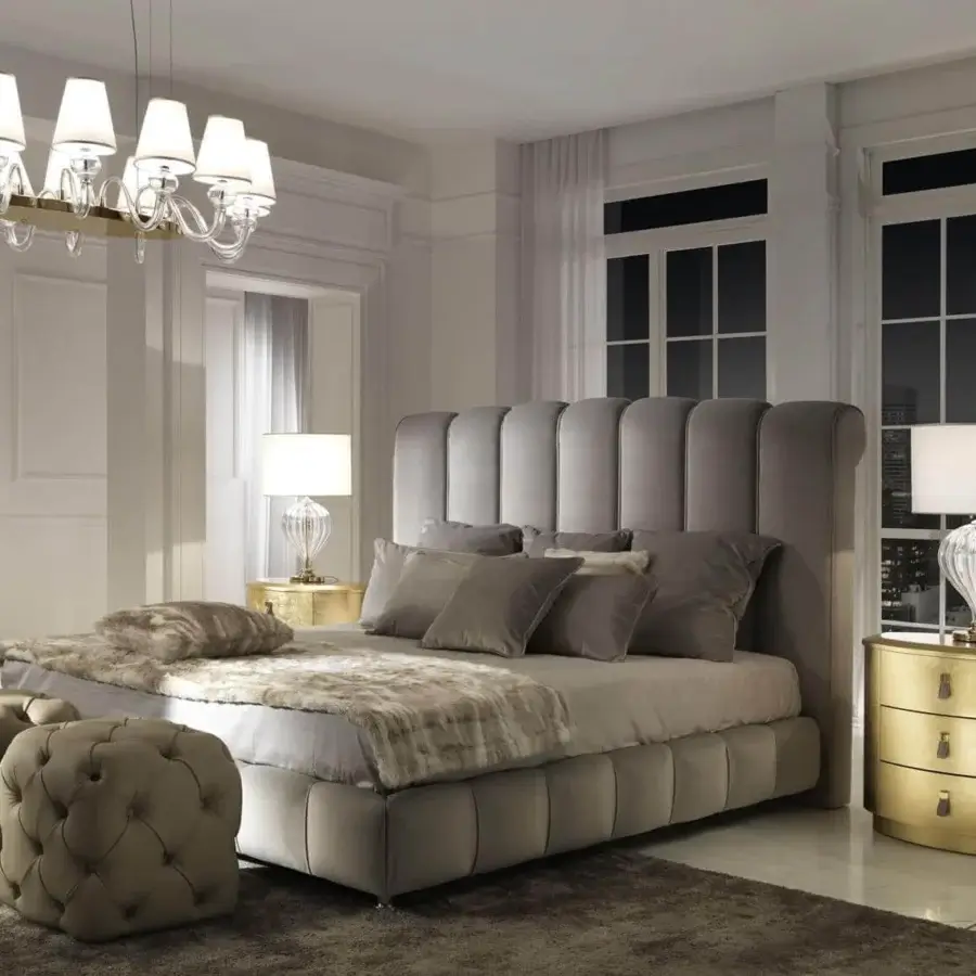 Sophisticated DV Home Collection Byron bed with vertically paneled headboard upholstered in plush gray textile foam polyurethane construction