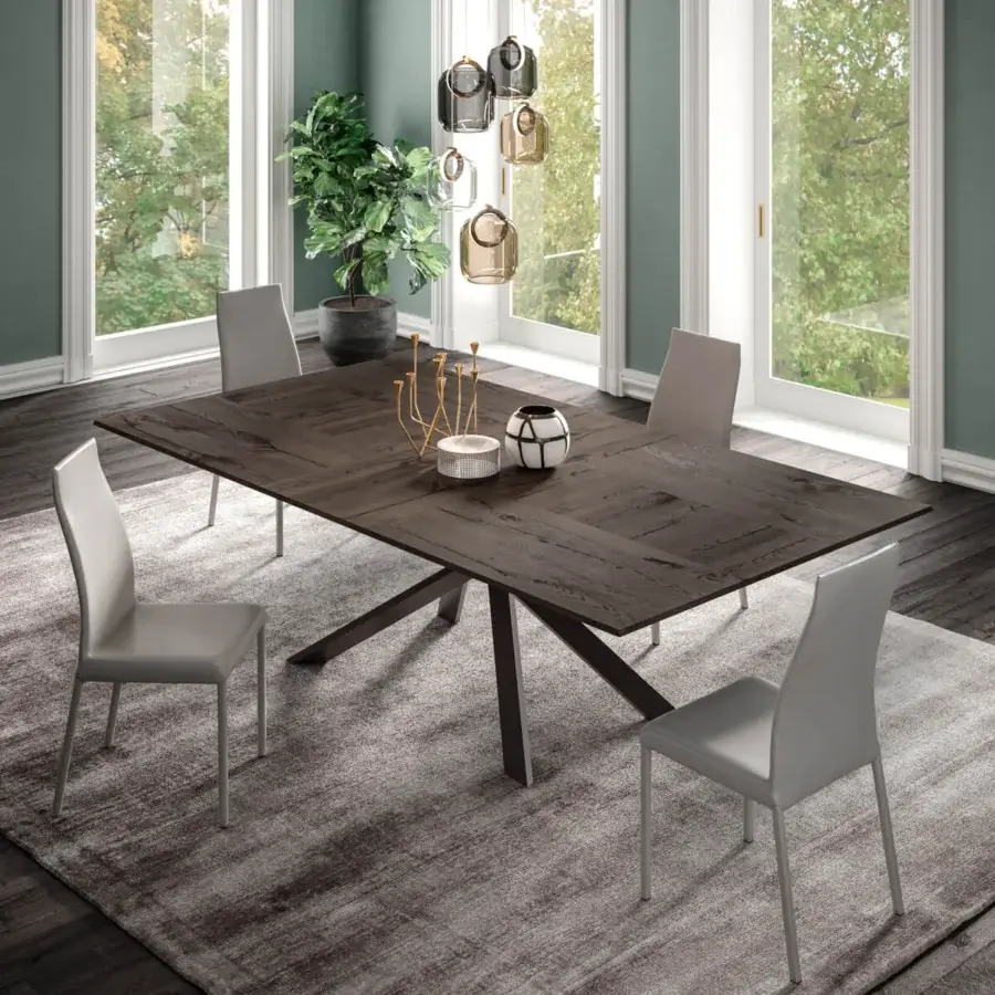 Distinguished Ozzio Italia 4x4 table with a dark wood top arranged in a square pattern and trestle metal base