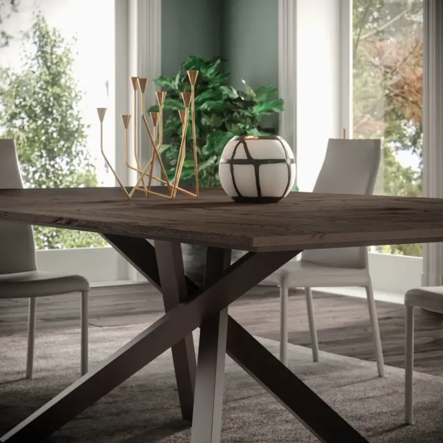 Innovative Ozzio Italia 4x4 table with a dark wooden top and crossing wood veins in extensions crafted with a matte finish