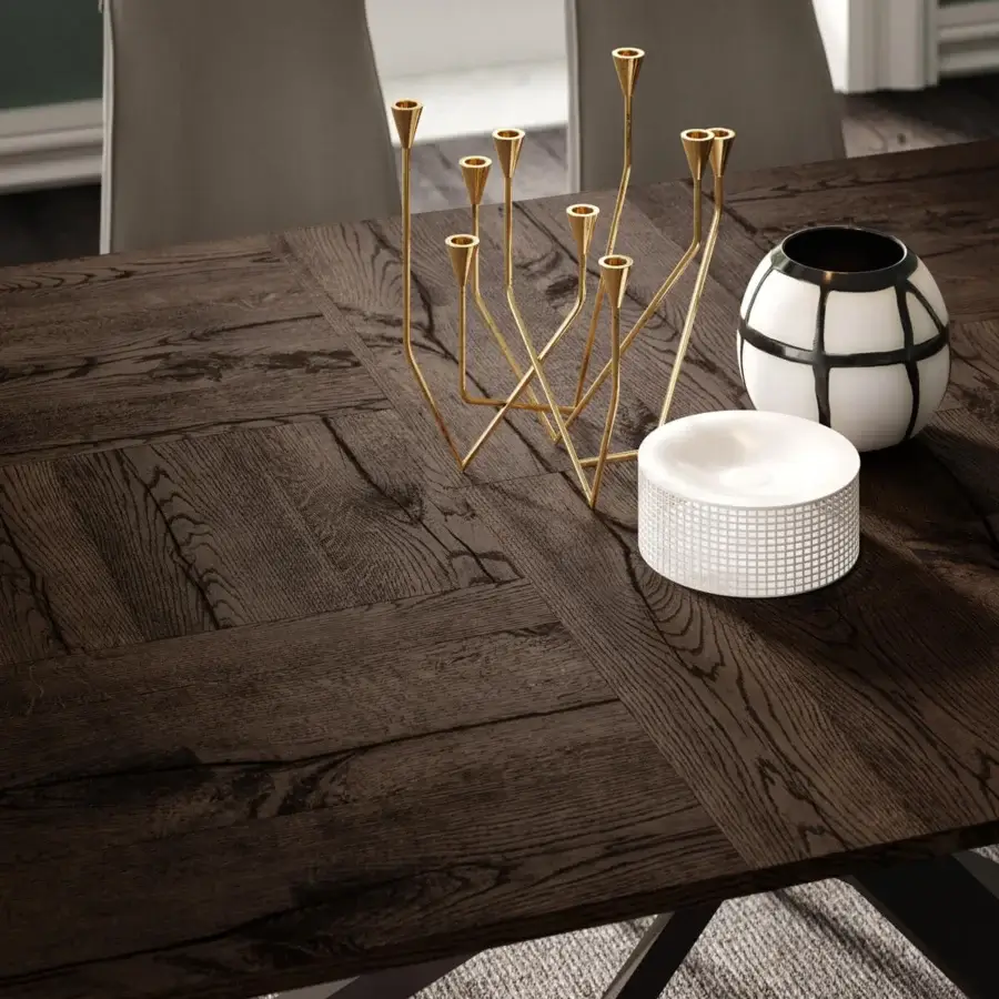 Exclusive Ozzio Italia 4x4 table with a dark brown herringbone wooden top and metal base crafted with a matte finish
