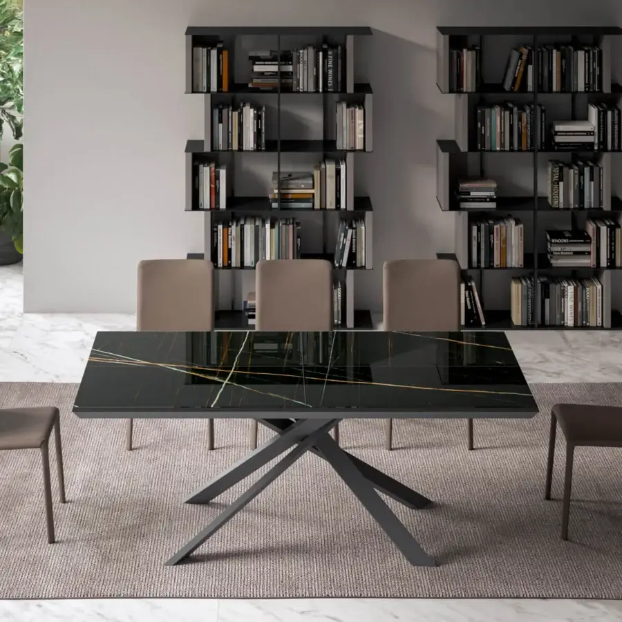 Distinguished Ozzio Italia 4x4 table with glossy black marble glass and gray metal crossed base construction