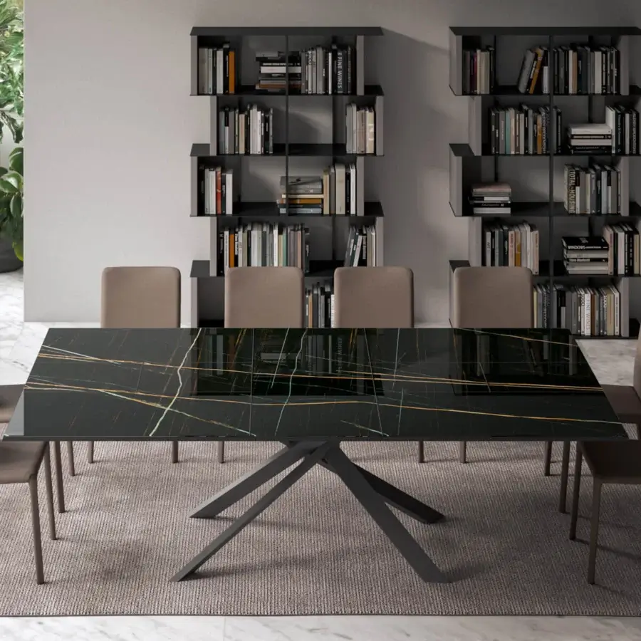 Elegant Ozzio Italia 4x4 table with marble glass top and dark gray metal base crafted in Italy
