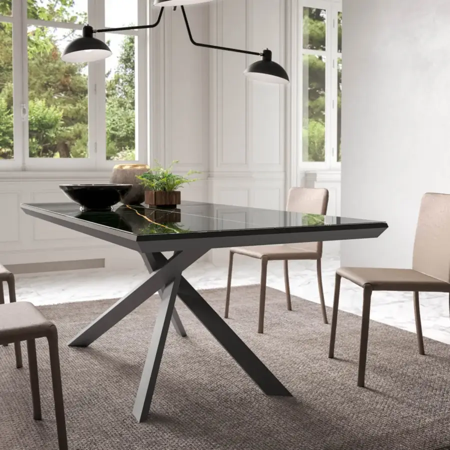 Exclusive Ozzio Italia 4x4 table with marble glass top and matte gray metal X base crafted in Italy