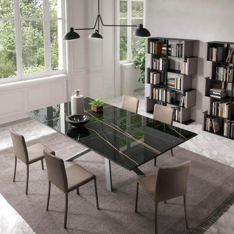 Superior Ozzio Italia 4x4 table with black marble glass top, sleek metal base and glossy finish crafted in Italy