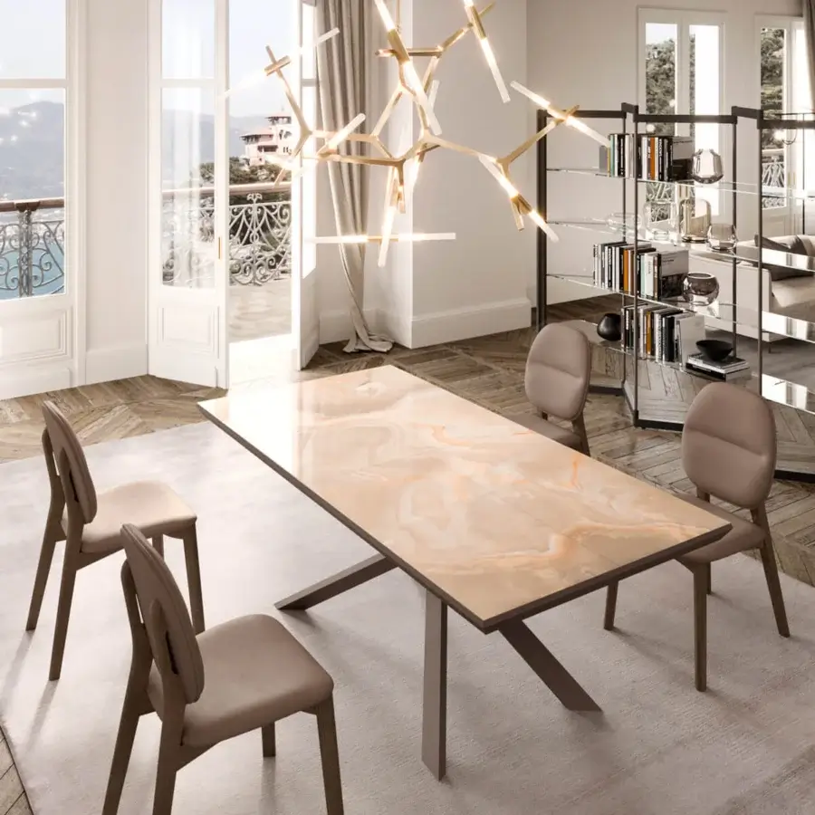 Distinguished Ozzio Italia 4x4 table with marble glass top in beige, cream, and light brown, plus matte taupe metal base