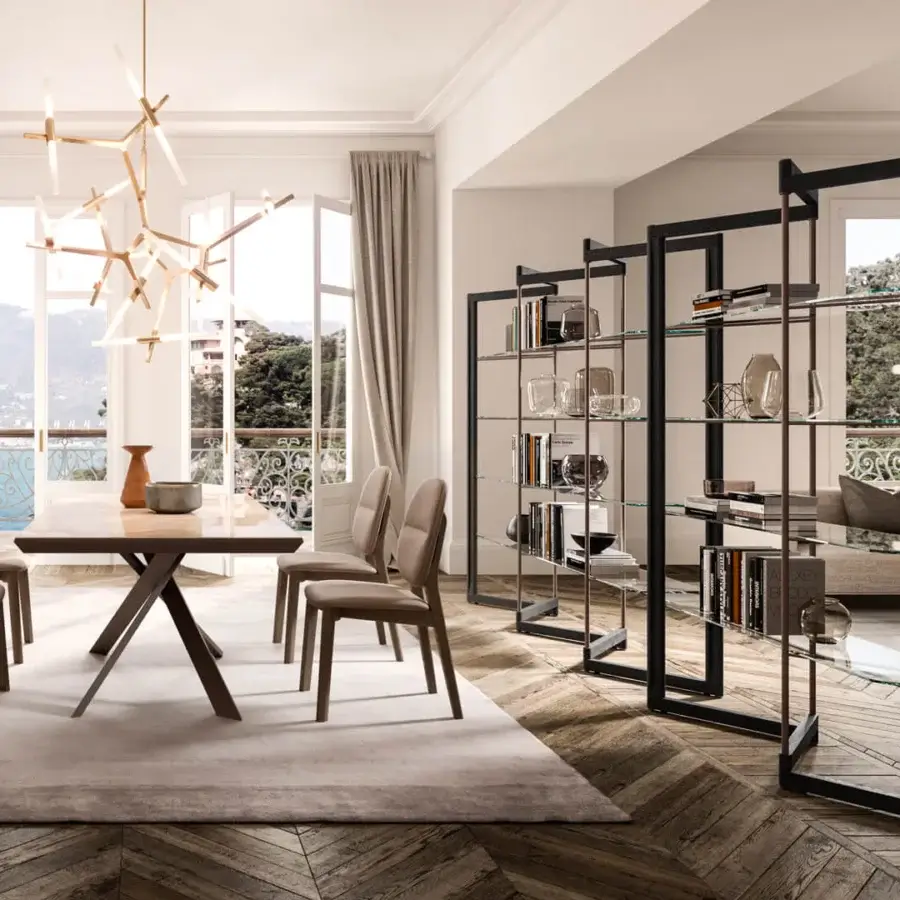 Exclusive Ozzio Italia 4x4 table with a light brown wooden top and striking X-shaped metal base exhibiting a smooth finish