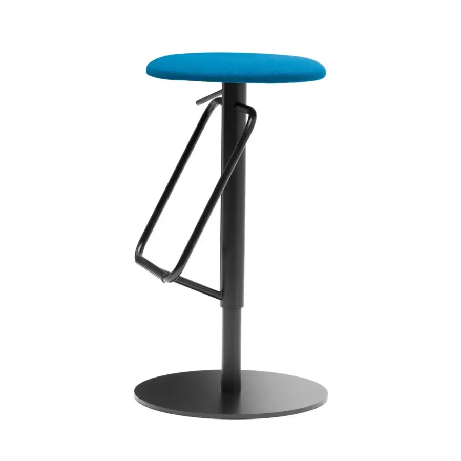 Exceptional Bross Cosmo stool with black lacquered metal and bright blue fully upholstered fabric shell built with a looped footrest