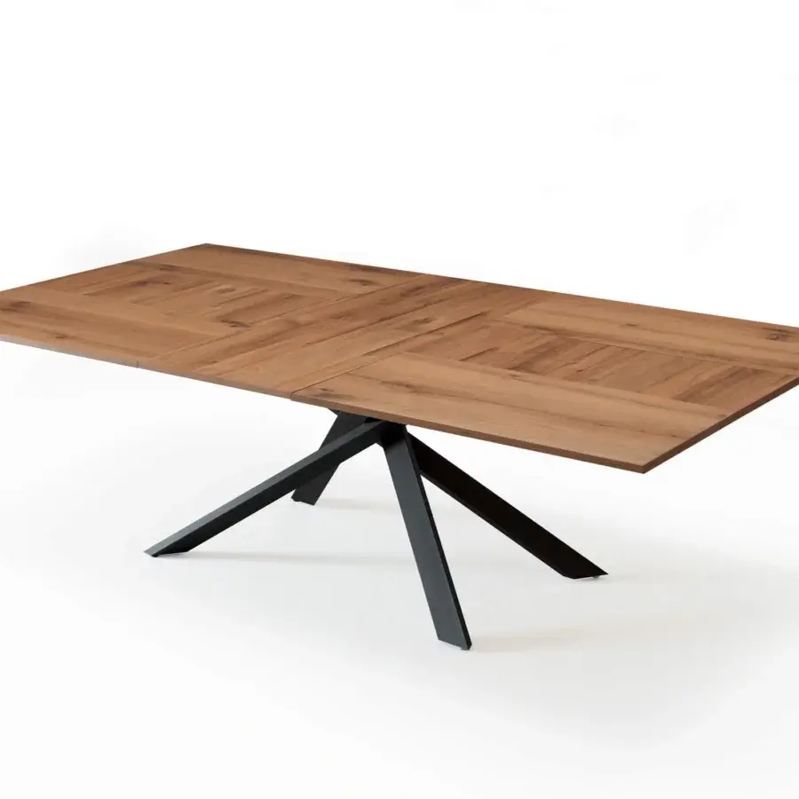 Distinguished Ozzio Italia 4x4 table with a warm brown wooden top in a parquet pattern and matte finish with a sleek black metal base