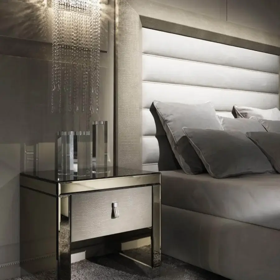 Exceptional DV Home Collection Adler bed with light fabric upholstery, crocodile texture and plush padded rectangles