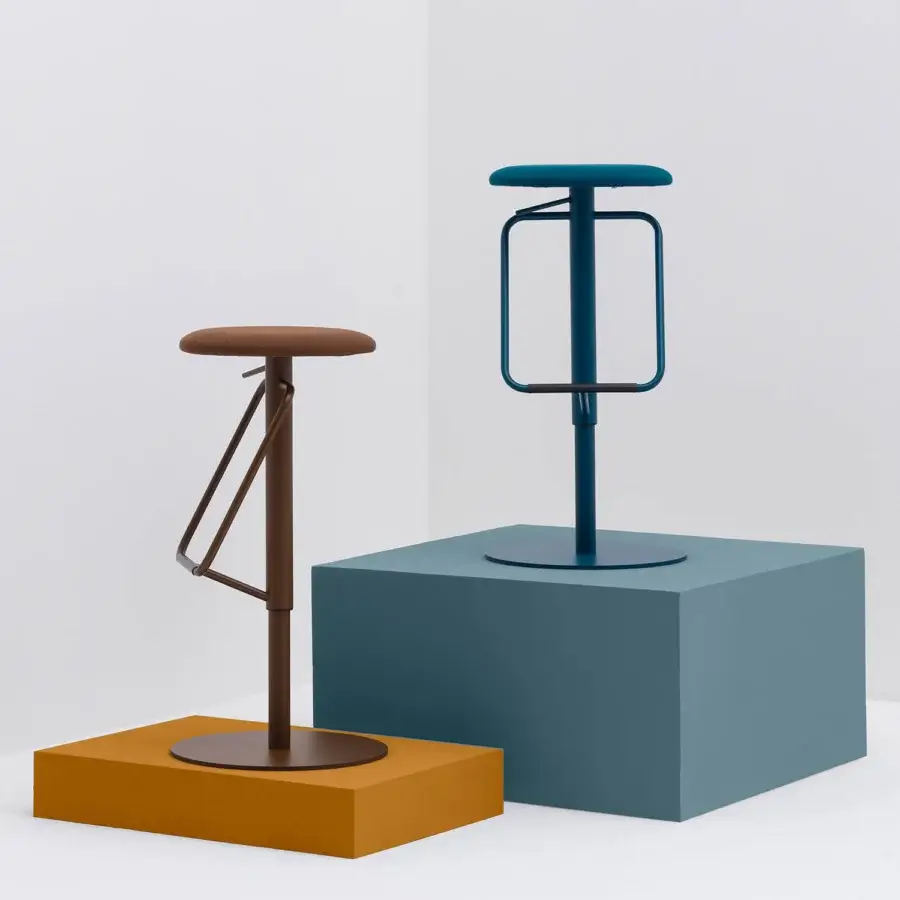 Distinguished Bross Cosmo stool with brown fabric upholstery and sleek brown metal base crafted with adjustable height