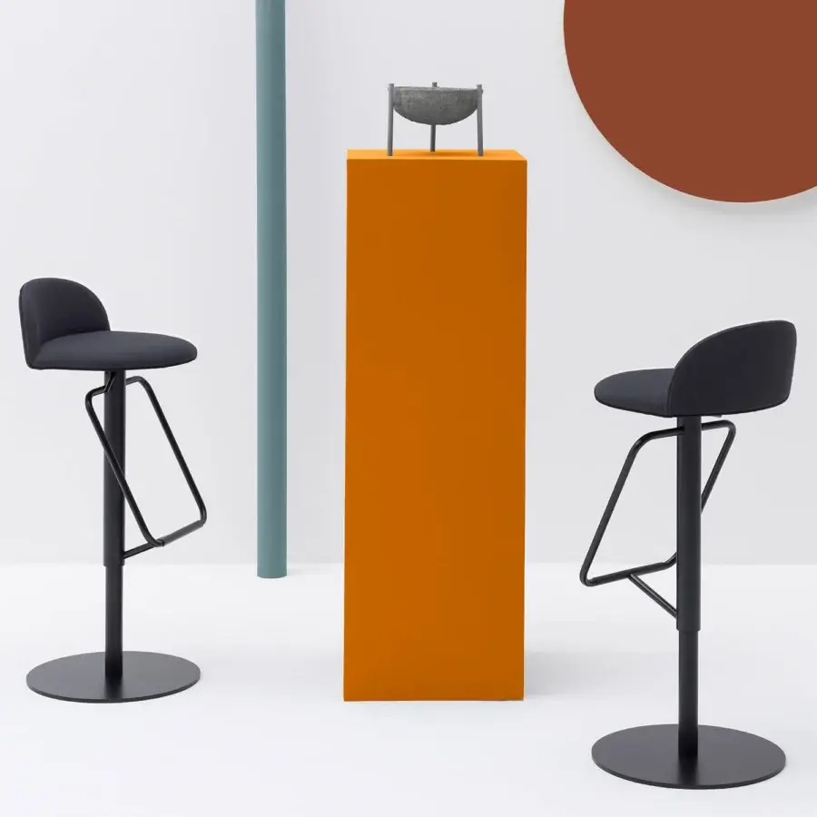 Distinguished Bross Cosmo stool in dark textile with lacquered metal base and triangular footrest offers adjustable height