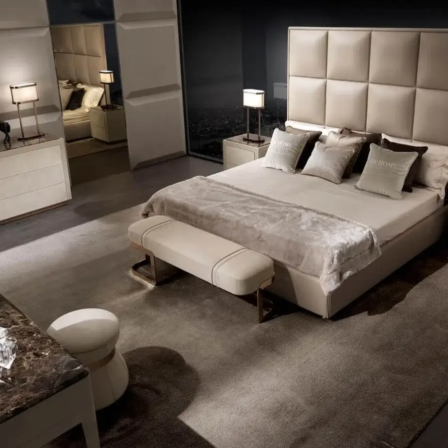 Superior DV Home Collection Duke bed with multilayer structure upholstered in light beige textile and square panel detailing