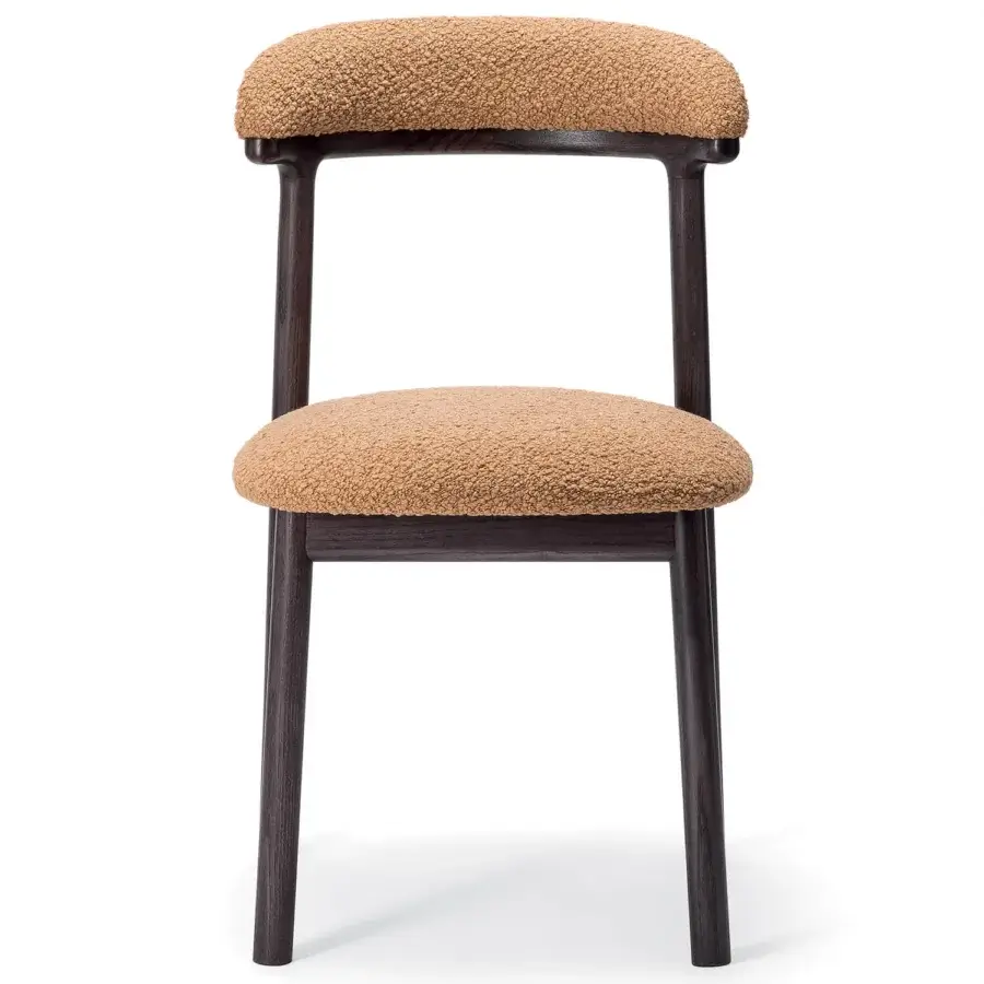 Exceptional Bross Lindy chair with textured light brown fabric upholstery and dark brown finished wood construction