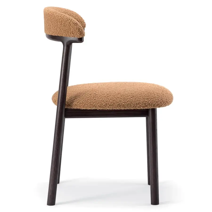 Lavish Bross Lindy chair with light brown textured fabric upholstery and dark matte wood construction