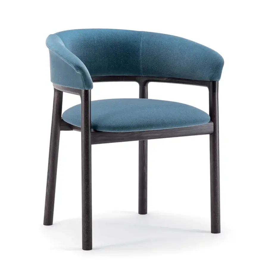 Distinguished Bross Lindy armchair with blue textile upholstery and dark stained wood structure