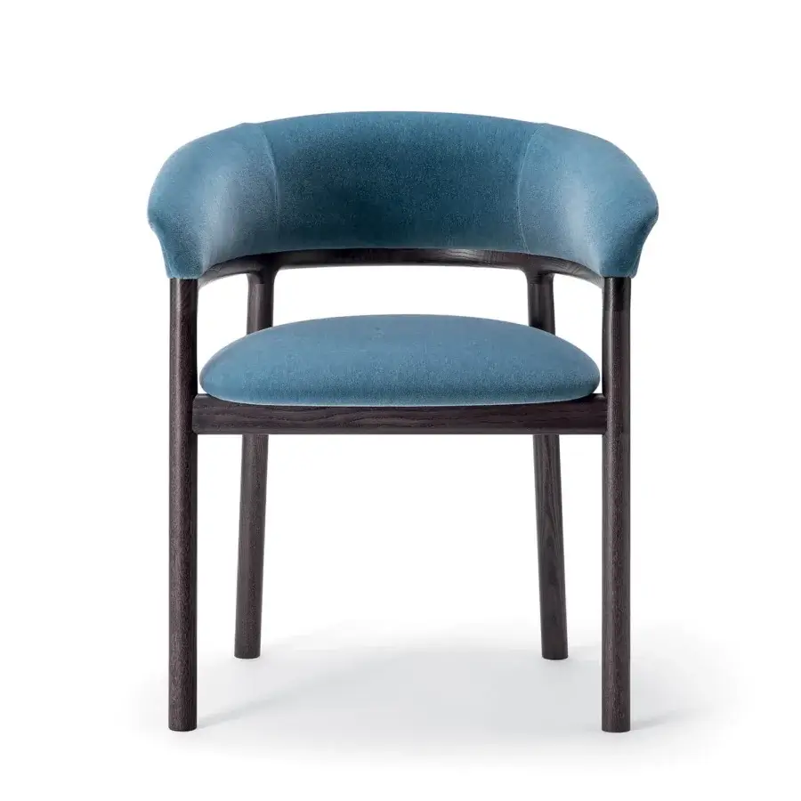 Exceptional Bross Lindy armchair with muted blue fabric upholstery and elegant dark-toned wood structure