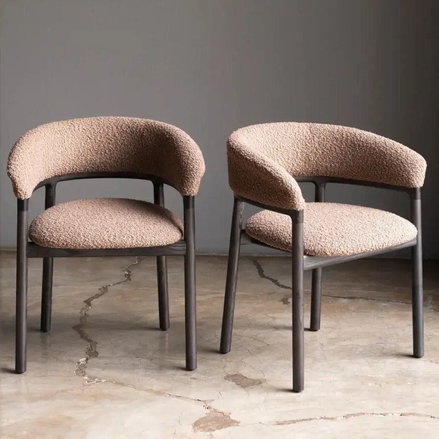 Superior Bross Lindy armchair with light beige textured textile upholstery and dark matte wood frame