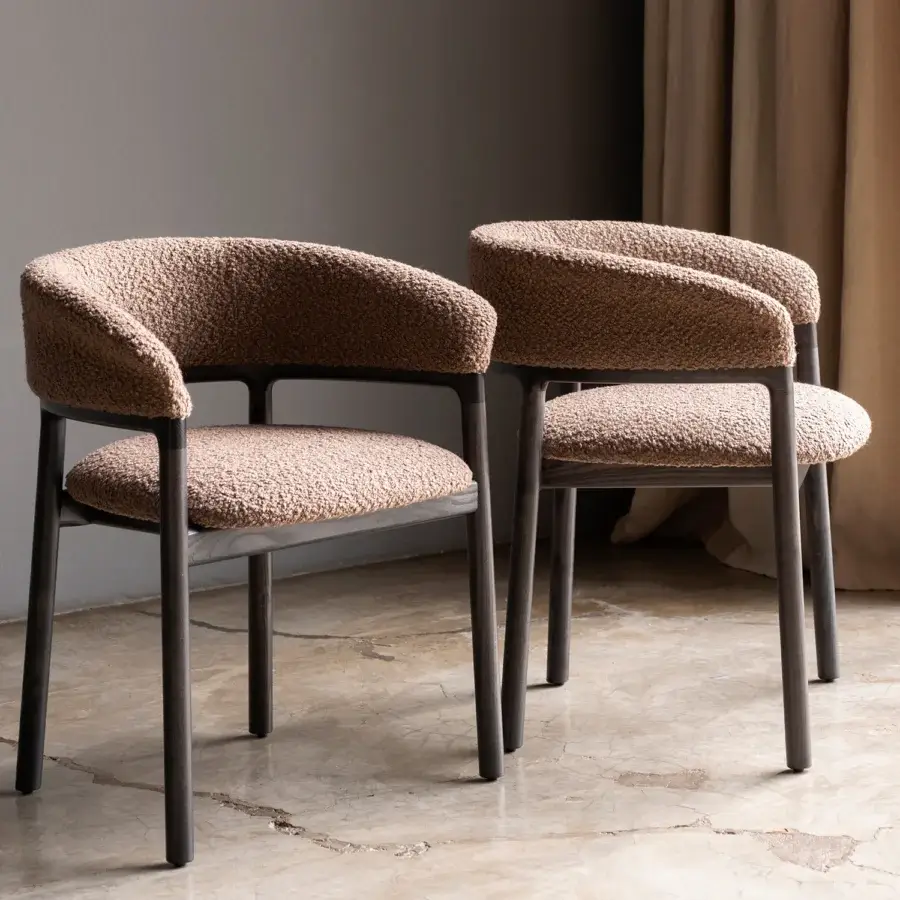 Distinguished Bross Lindy armchair with light brown textured fabric upholstery and dark matte wood frame