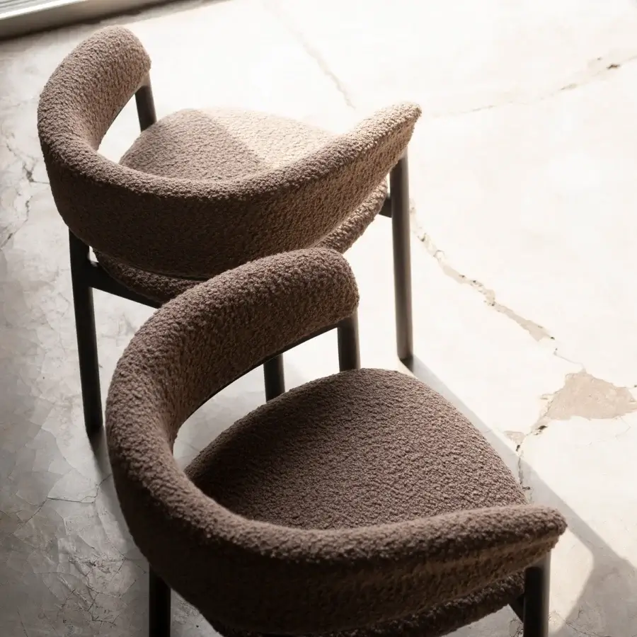 Exceptional Bross Lindy armchair with medium brown looped fabric upholstery and elegant wood structure crafted in Italy