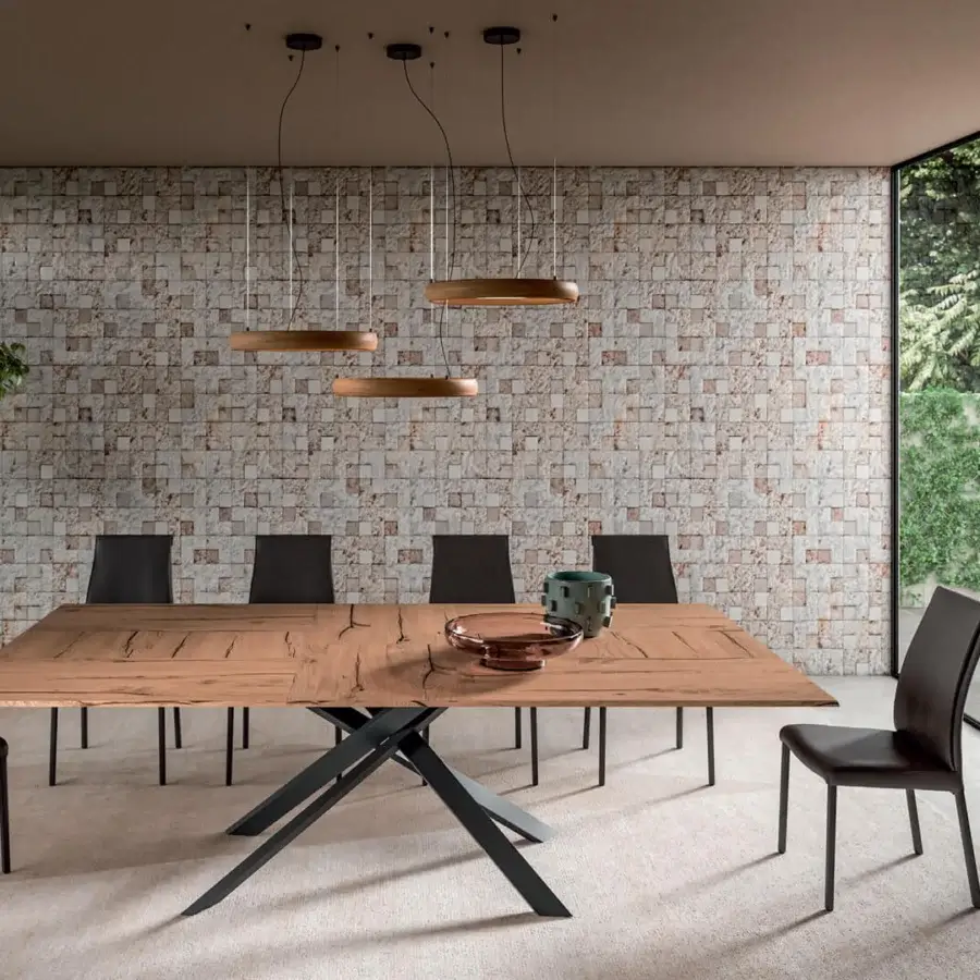 Distinguished Ozzio Italia 4x4 table with metal base and wooden top exhibiting natural grain variations and matte finish