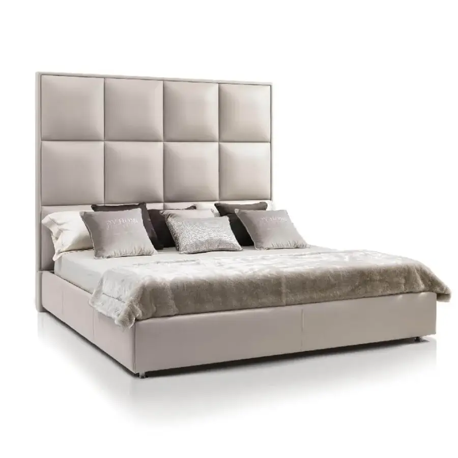 Superior DV Home Collection Duke bed with tall quilted headboard upholstered in light beige fabric or leather