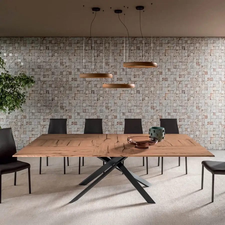 Sophisticated Ozzio Italia 4x4 table with warm brown wood tabletop and dark metal angular base exhibiting a matte finish