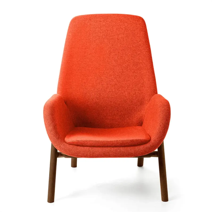 Distinguished Bross Mysa lounge chair with orange textile upholstery and dark-stained wooden base construction