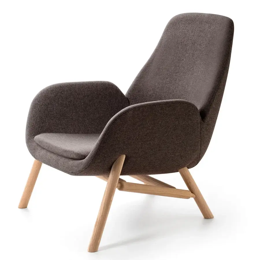 Superior Bross Mysa lounge chair with brown fabric upholstery and light-toned wood base exhibiting a curved silhouette with textured matte finish