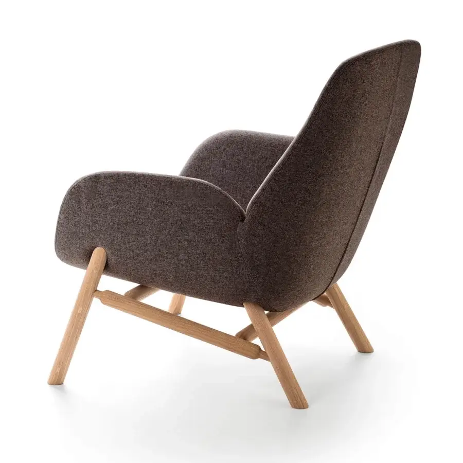 Elegant Bross Mysa lounge chair with dark brown textured fabric upholstery and light natural wood base