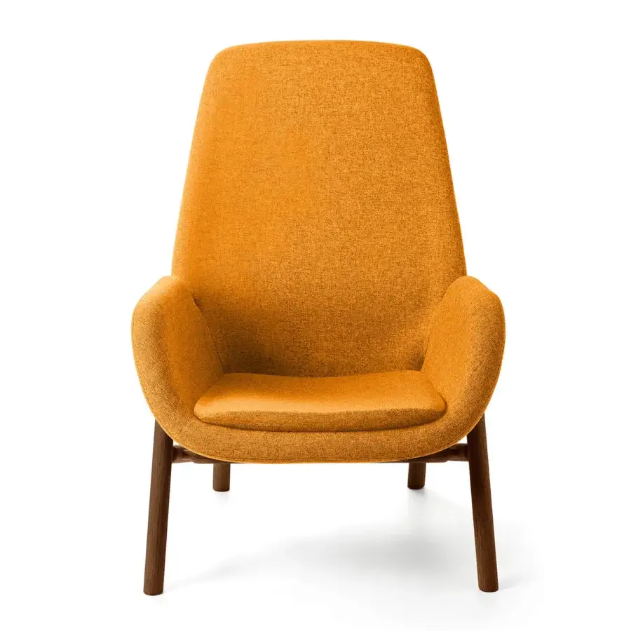 Distinguished Bross Mysa lounge chair with textured mustard yellow fabric upholstery and lacquered base