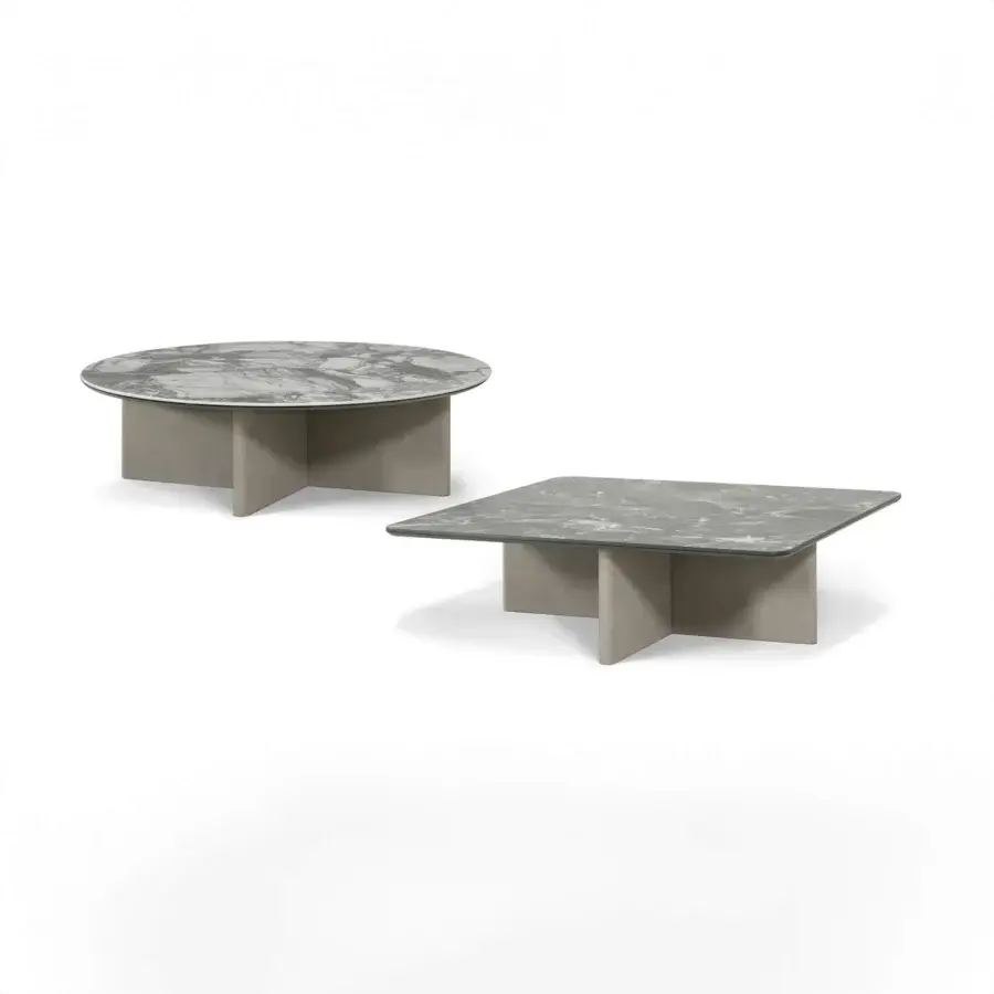 Superior Cierre1972 Wings coffee table with light gray leather legs and ceramic top boasting a luminous glass edge