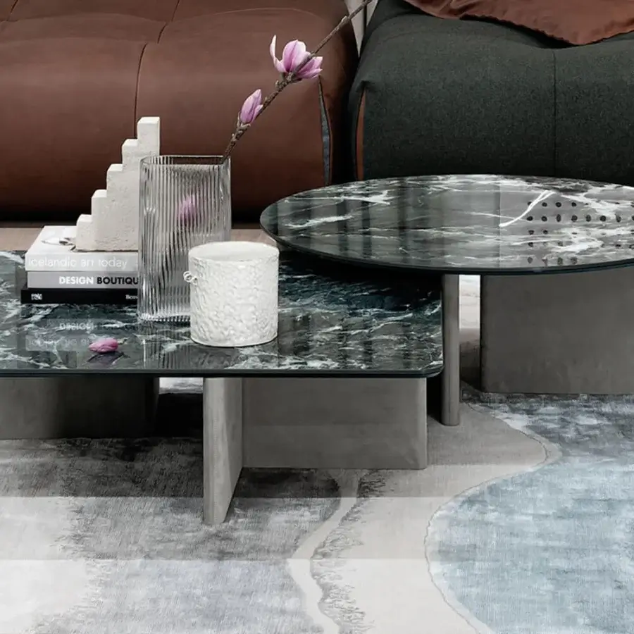 Distinguished Cierre1972 Wings coffee table with luminous ceramic and glass top plus aerodynamic leather legs
