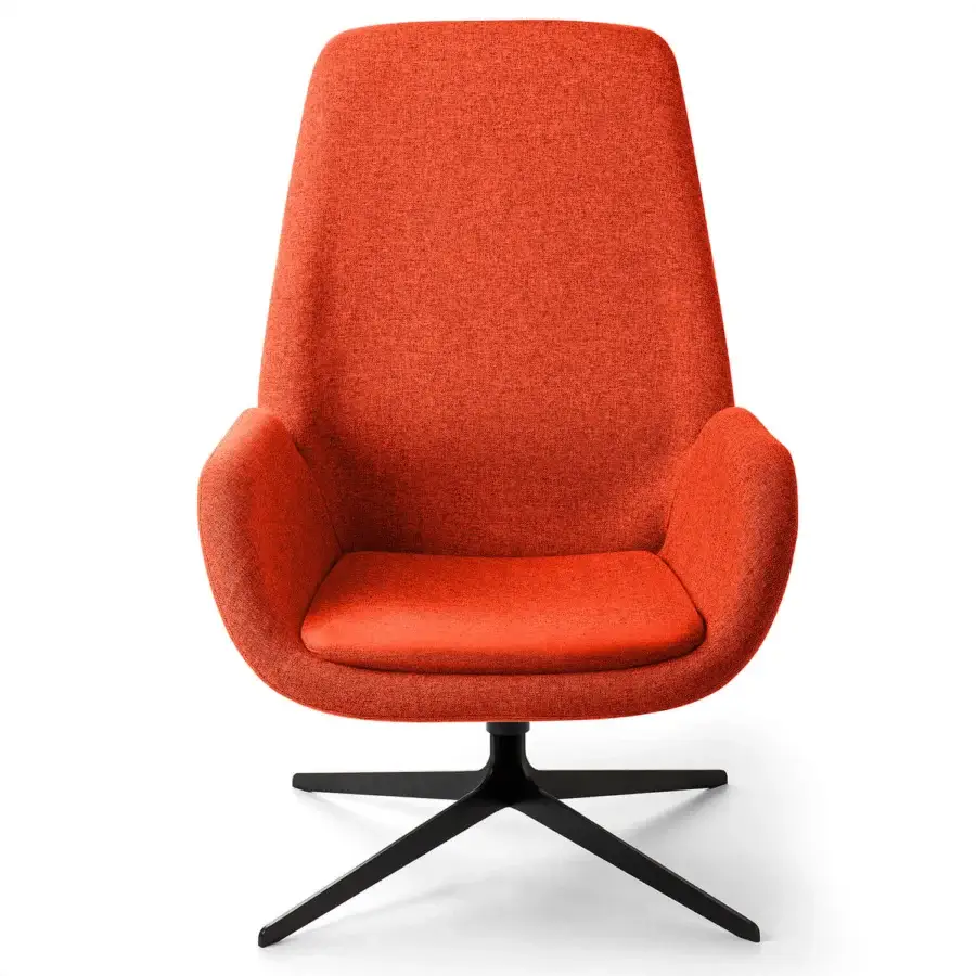 Exclusive Bross Mysa lounge chair with organic silhouette, vibrant orange textured fabric and lacquered black metal base