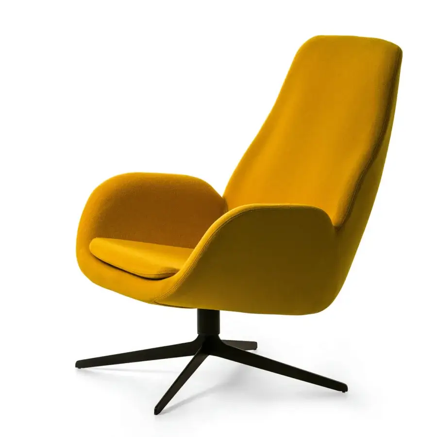 Distinguished Bross Mysa lounge chair crafted in Italy with uniform mustard yellow fabric and lacquered metal base